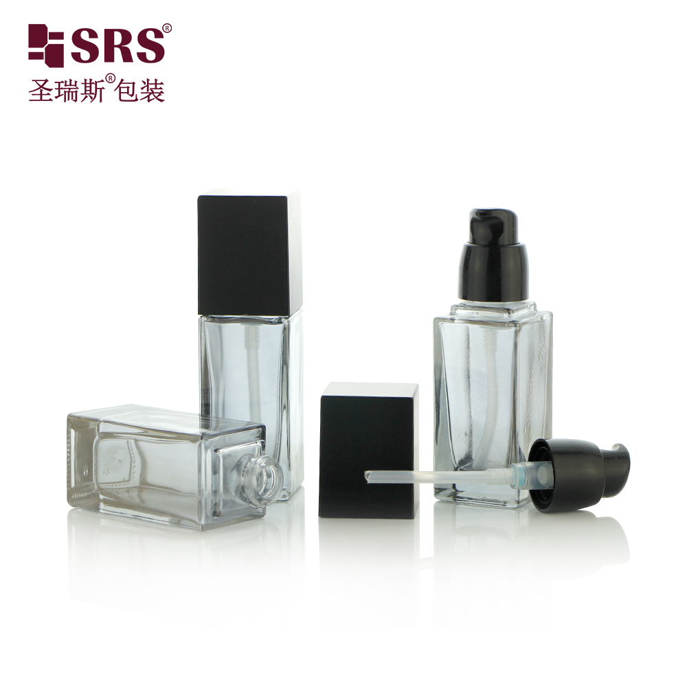 Black Glass Bottle Square Shape Foundation Bottle Packaging Set with Pump and Cap 
