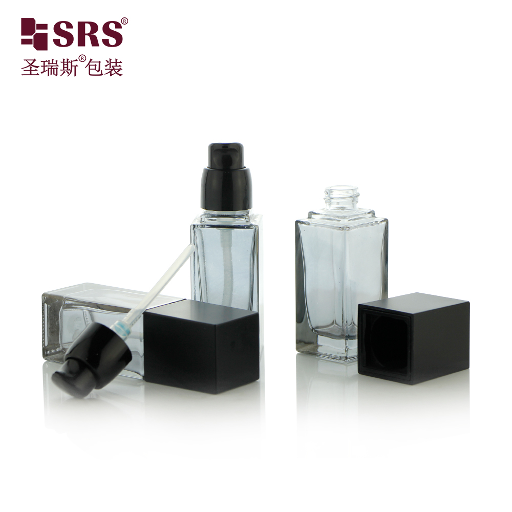 Black Glass Bottle Square Shape Foundation Bottle Packaging Set with Pump and Cap 