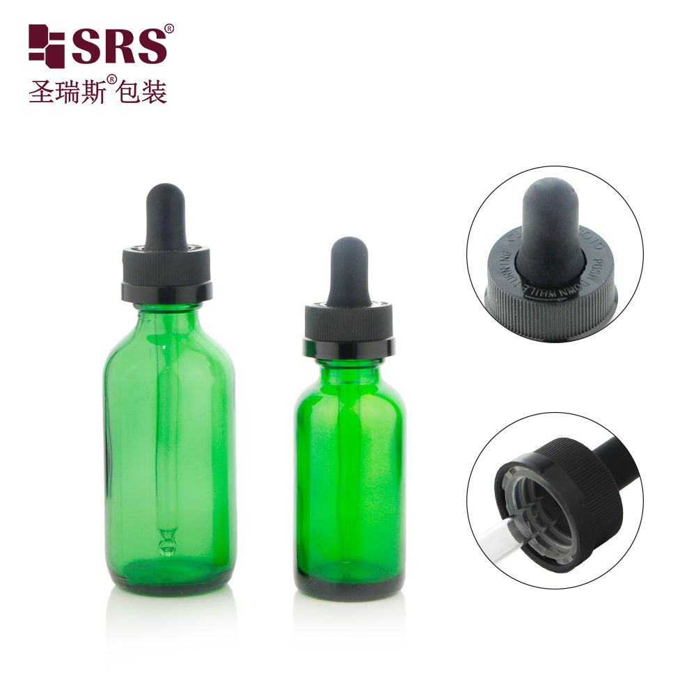  Transparent Amber Green Cosmetics Oil Serum Boston Glass Bottle With Children Proof Cap 15ml 30ml 60ml