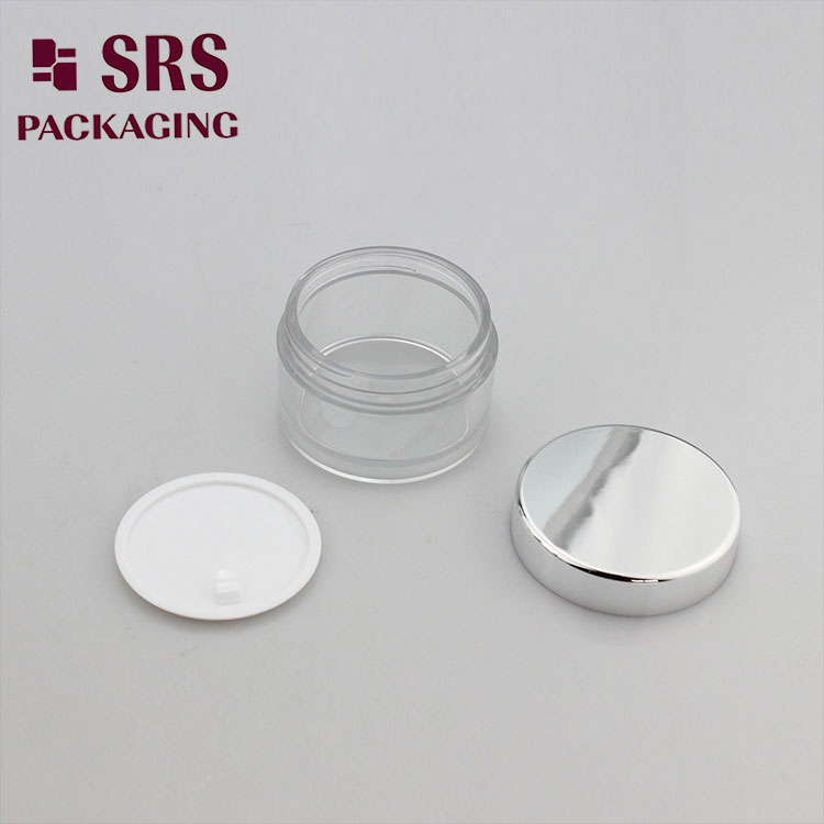 SRS 50ml empty plastic clear PETG cream jar with silver cap