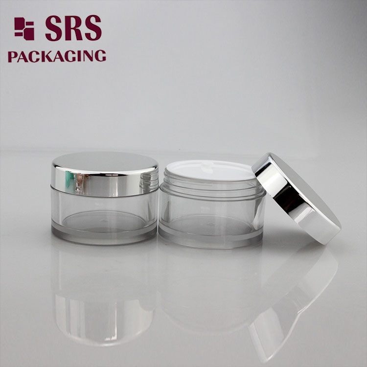 SRS 50ml empty plastic clear PETG cream jar with silver cap