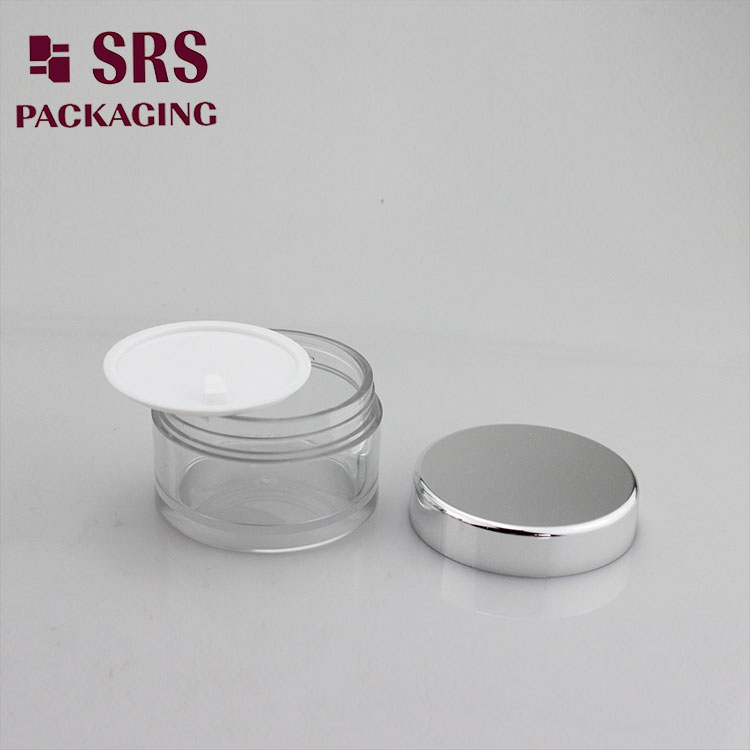 SRS 50ml empty plastic clear PETG cream jar with silver cap