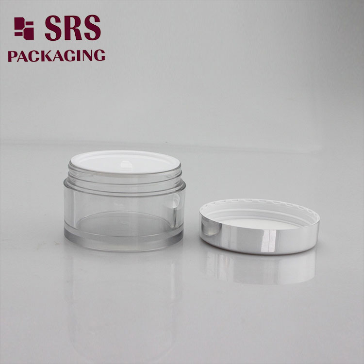 SRS 50ml empty plastic clear PETG cream jar with silver cap