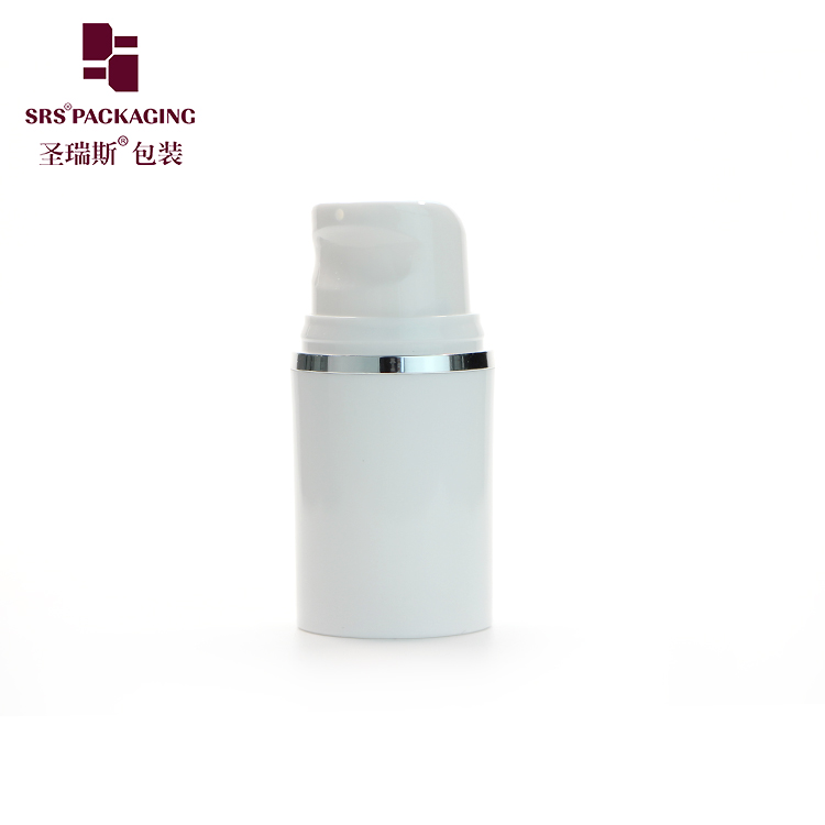 SRS high quality round shape small volume 15ml 30ml 50ml hot-stamping silver line on airless white bottle