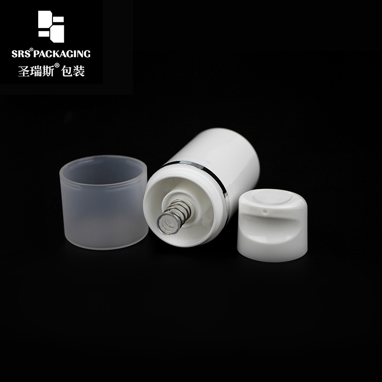 SRS high quality round shape small volume 15ml 30ml 50ml hot-stamping silver line on airless white bottle