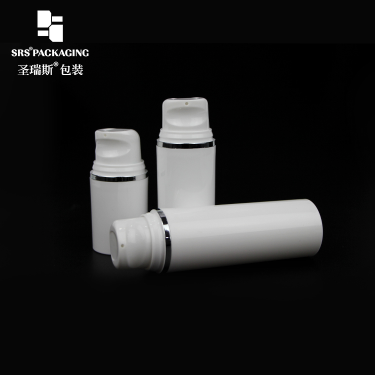 SRS high quality round shape small volume 15ml 30ml 50ml hot-stamping silver line on airless white bottle