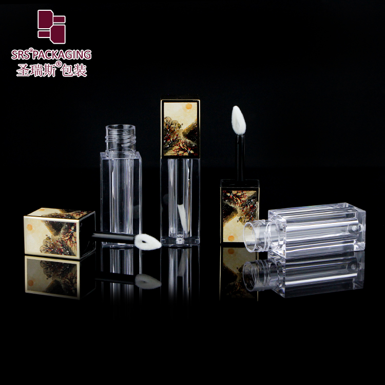 SRS private label 4.5ml gold cap transparent plastic bottle square shape empty lip gloss tube