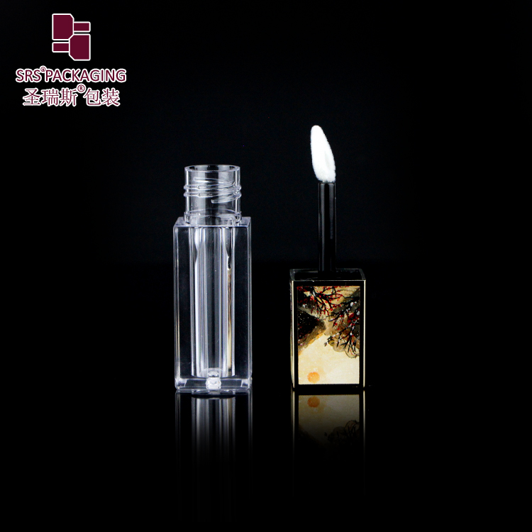 SRS private label 4.5ml gold cap transparent plastic bottle square shape empty lip gloss tube