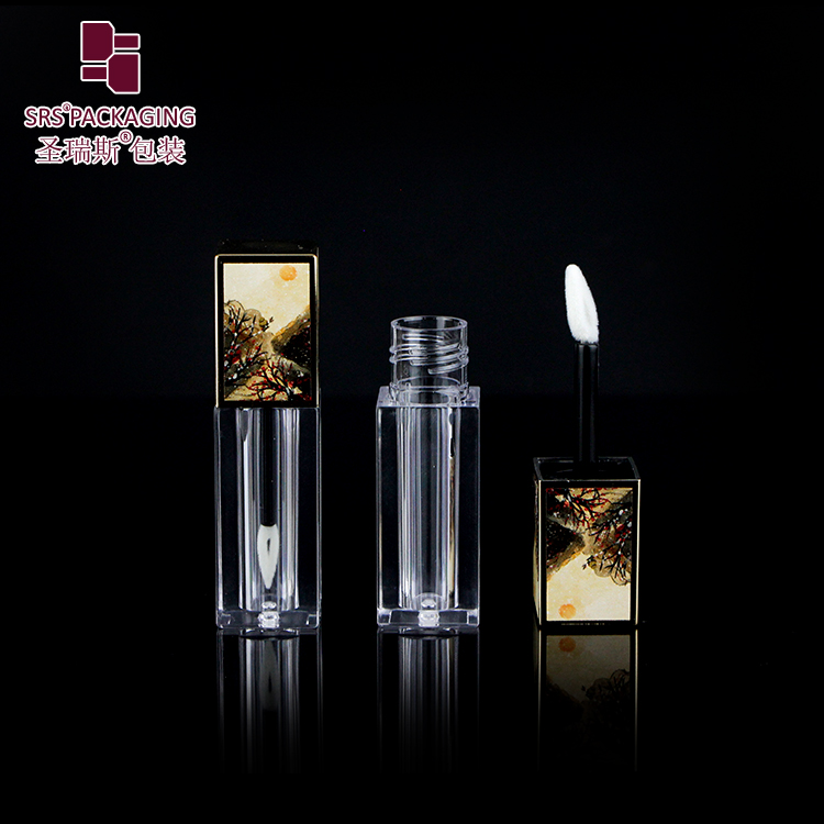 SRS private label 4.5ml gold cap transparent plastic bottle square shape empty lip gloss tube