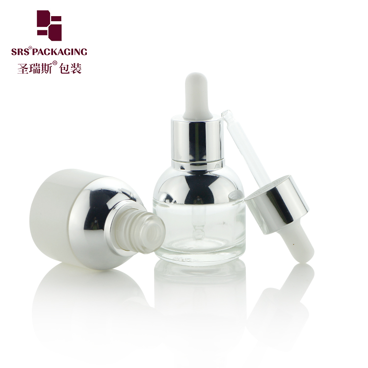 Luxury Round Empty 30ml frosted white clear glass dropper bottle With Silver Cover