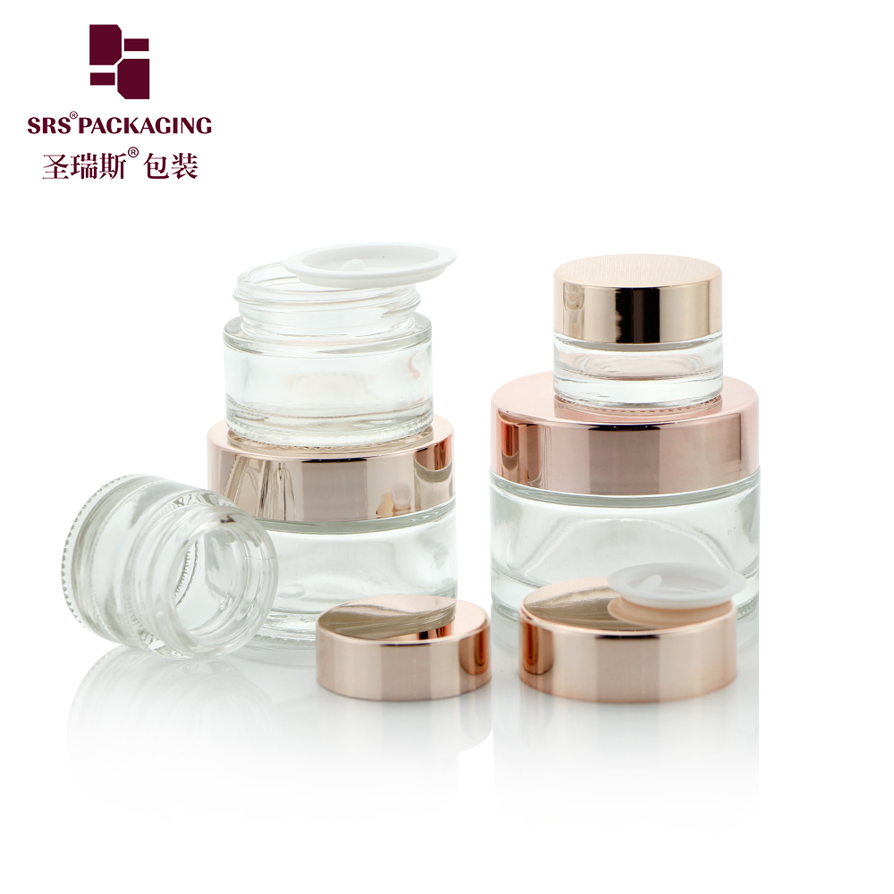 J319 Customized cosmetic glass cream jars 5ml 10ml 15ml 30ml 50ml clear jar with rose gold cap