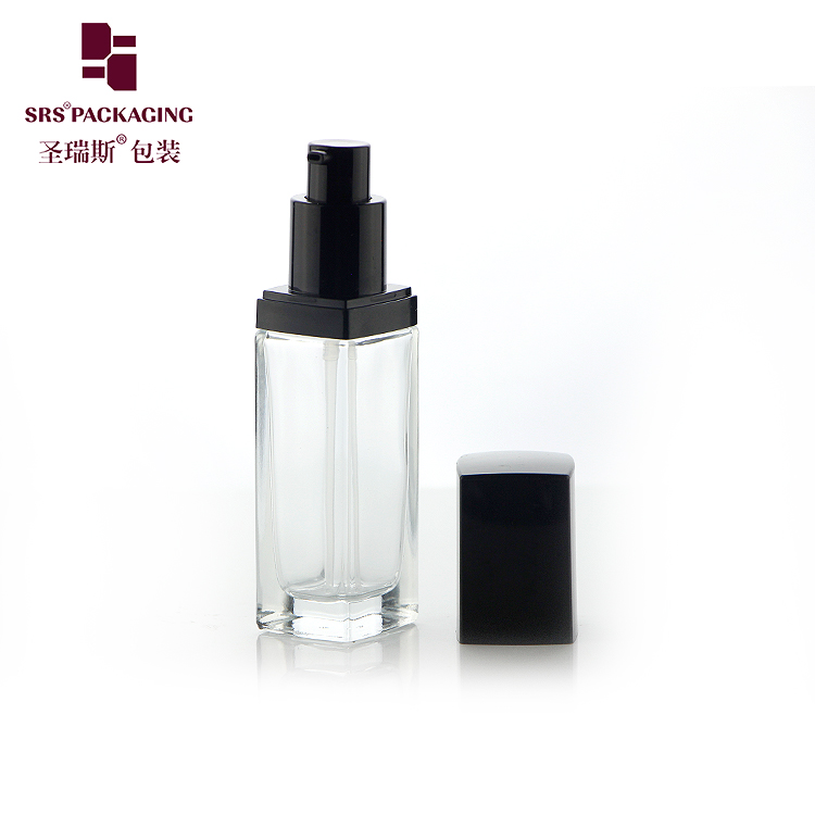 BL001 Square shape frosted glass 30ml empty pump lotion bottles with black pump