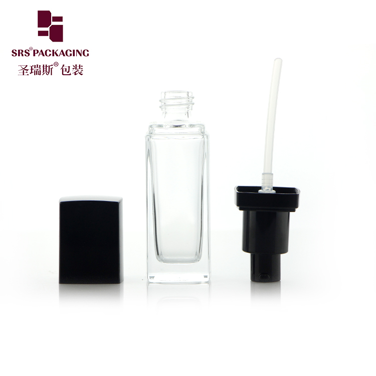 BL001 Square shape frosted glass 30ml empty pump lotion bottles with black pump