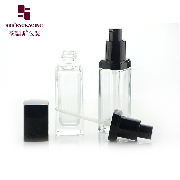 BL001 Square shape frosted glass 30ml empty pump lotion bottles with black pump