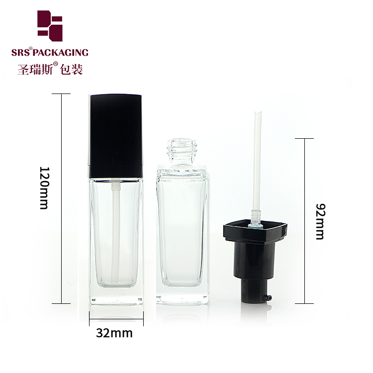 BL001 Square shape frosted glass 30ml empty pump lotion bottles with black pump