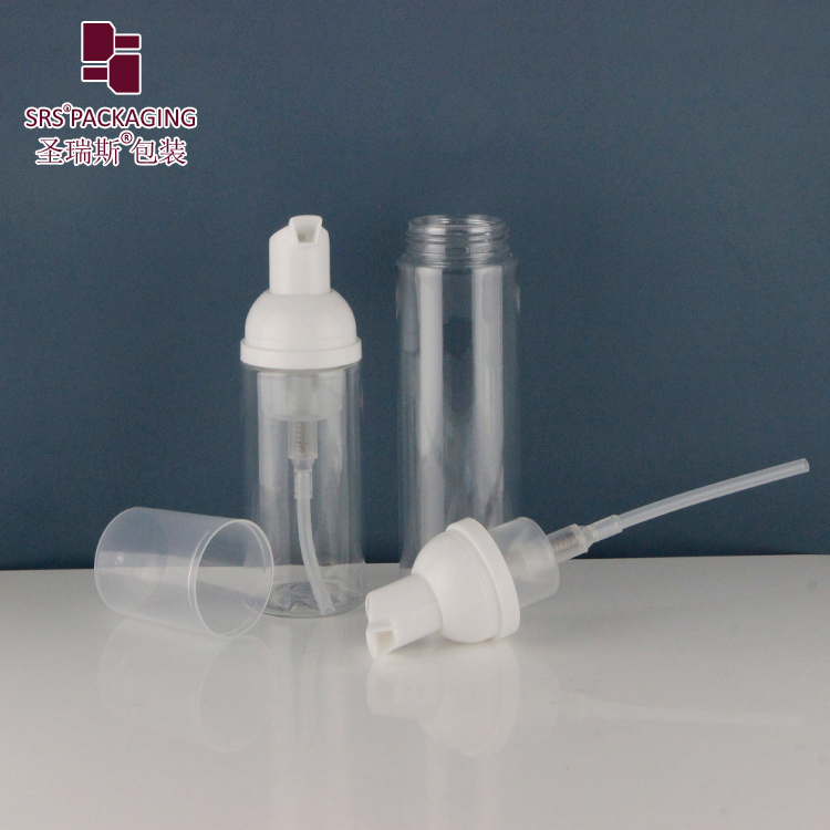 Empty Plastic Foaming Pump Bottles 55ml 75ml Custom Transparent PET Facial Cleanser Foam Soap Bottle