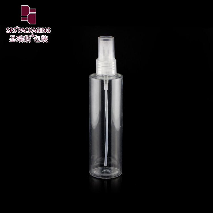 SRS empty clear transparent flat shoulder 100ml Pet bottle With white spray