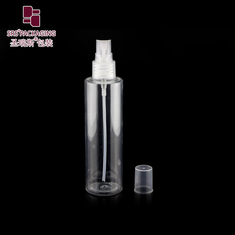 SRS empty clear transparent flat shoulder 100ml Pet bottle With white spray