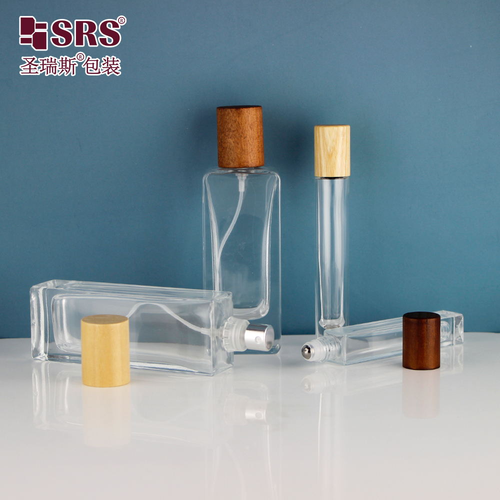 Luxury Design 50ml Square Glass Empty Refillable Spray Beautiful Perfume Bottle with Wooden Lid