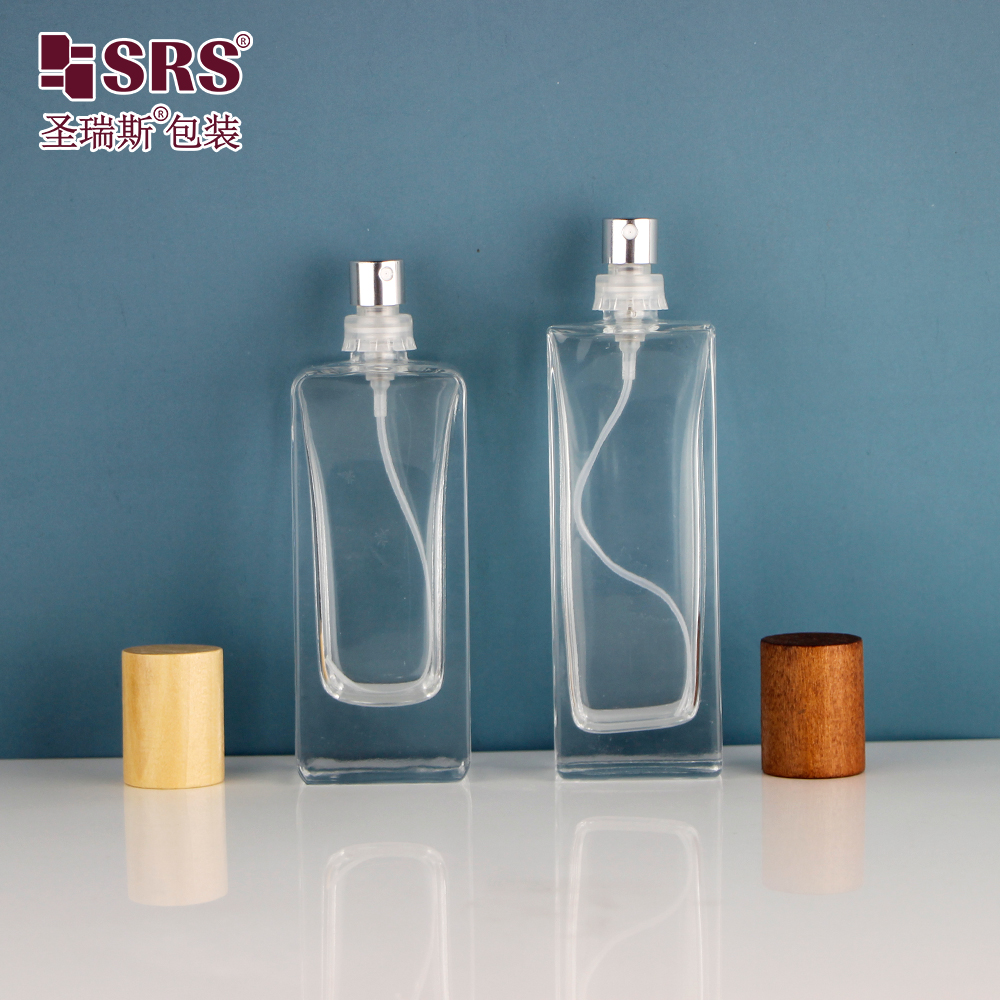 Luxury Design 50ml Square Glass Empty Refillable Spray Beautiful Perfume Bottle with Wooden Lid