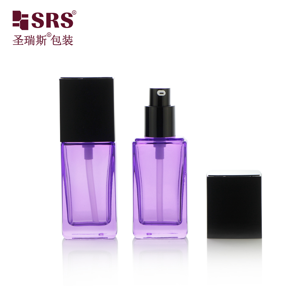 Square shape cosmetic container 35ml empty lotion pump glass bottle