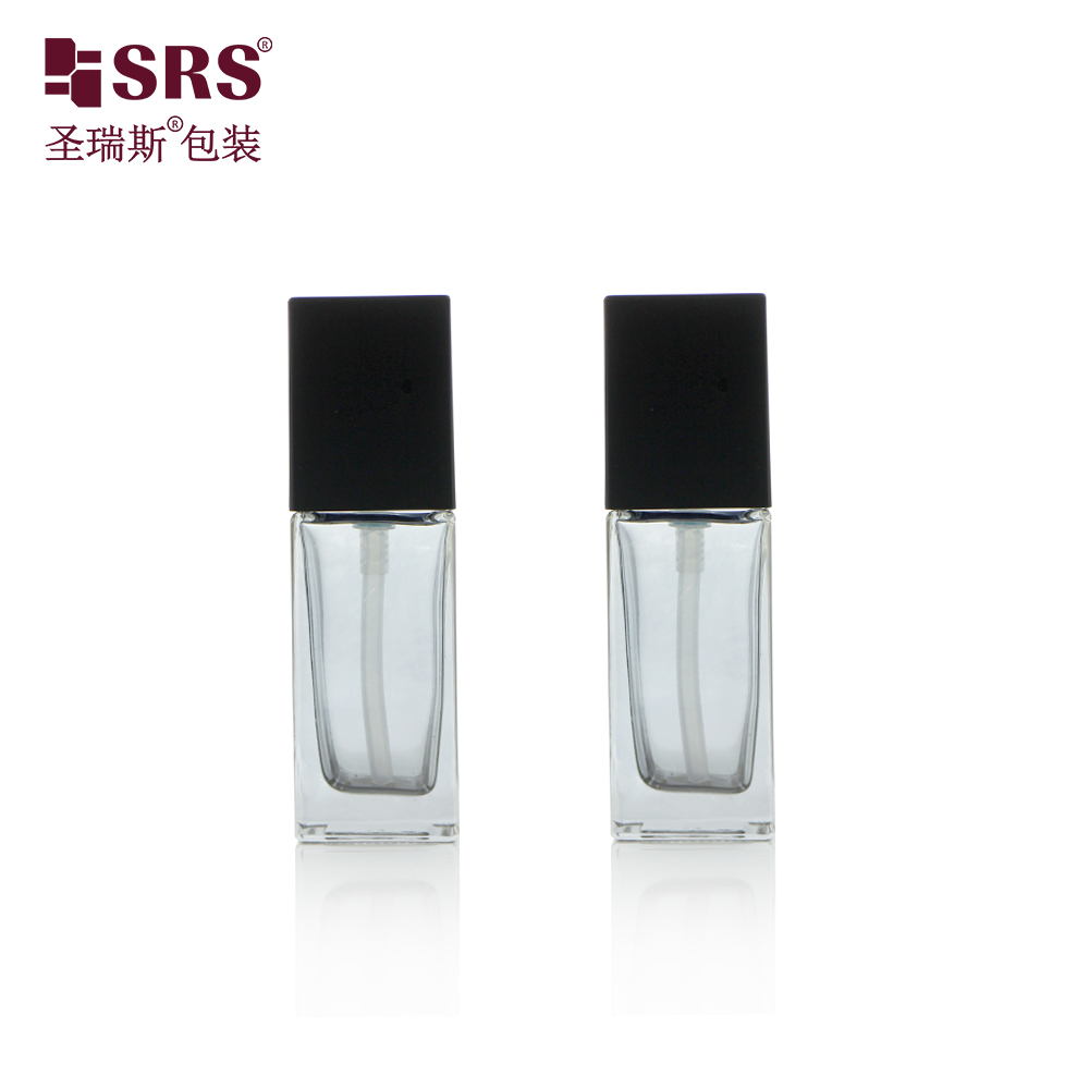 Black Glass Bottle Square Shape Foundation Bottle Packaging Set with Pump and Cap 