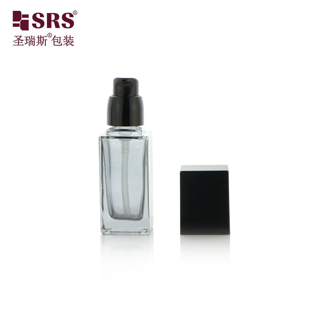 Black Glass Bottle Square Shape Foundation Bottle Packaging Set with Pump and Cap 