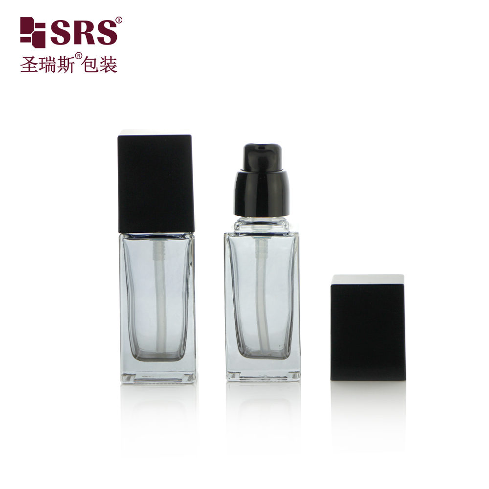 Black Glass Bottle Square Shape Foundation Bottle Packaging Set with Pump and Cap 