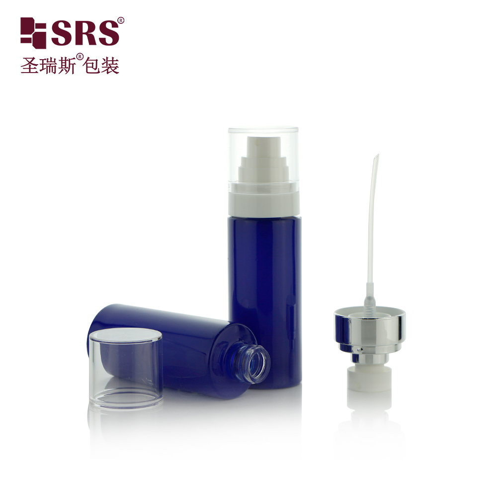 Metalized blue color 60ml glass lotion bottle with pump spray packaging