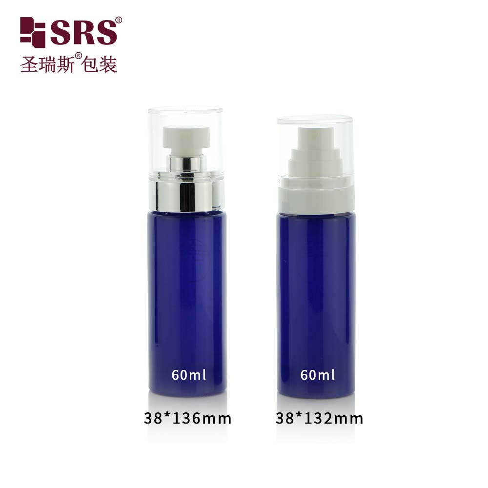 Metalized blue color 60ml glass lotion bottle with pump spray packaging