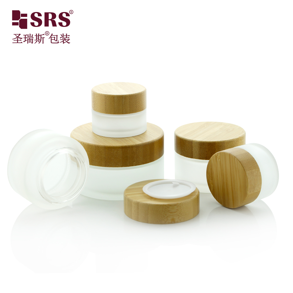 Frosted Glass Jar Skin Care Eye Cream Jars Pot Refillable Bottle Cosmetic Container With Wood Grain Lid 15g 30g 50g