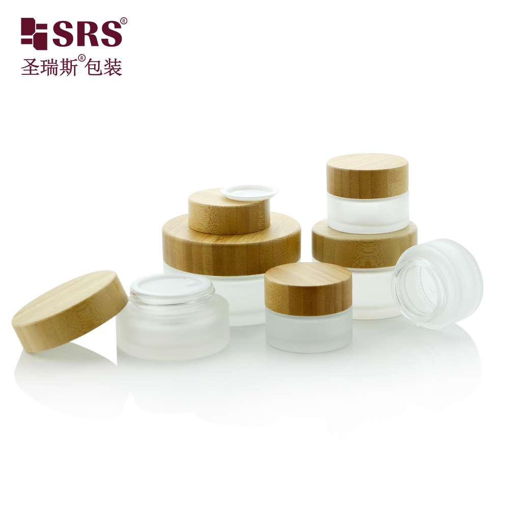 Frosted Glass Jar Skin Care Eye Cream Jars Pot Refillable Bottle Cosmetic Container With Wood Grain Lid 15g 30g 50g