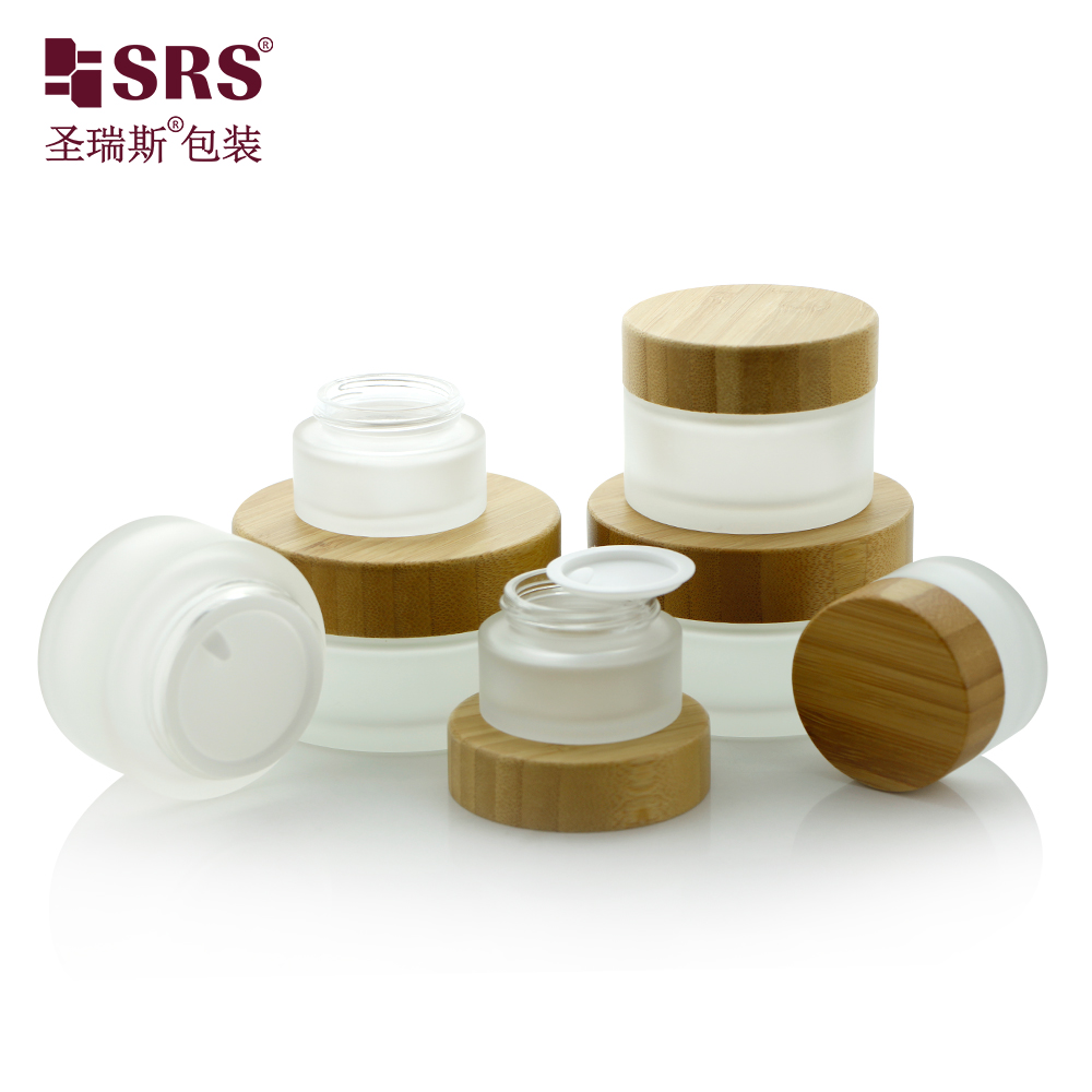 Frosted Glass Jar Skin Care Eye Cream Jars Pot Refillable Bottle Cosmetic Container With Wood Grain Lid 15g 30g 50g