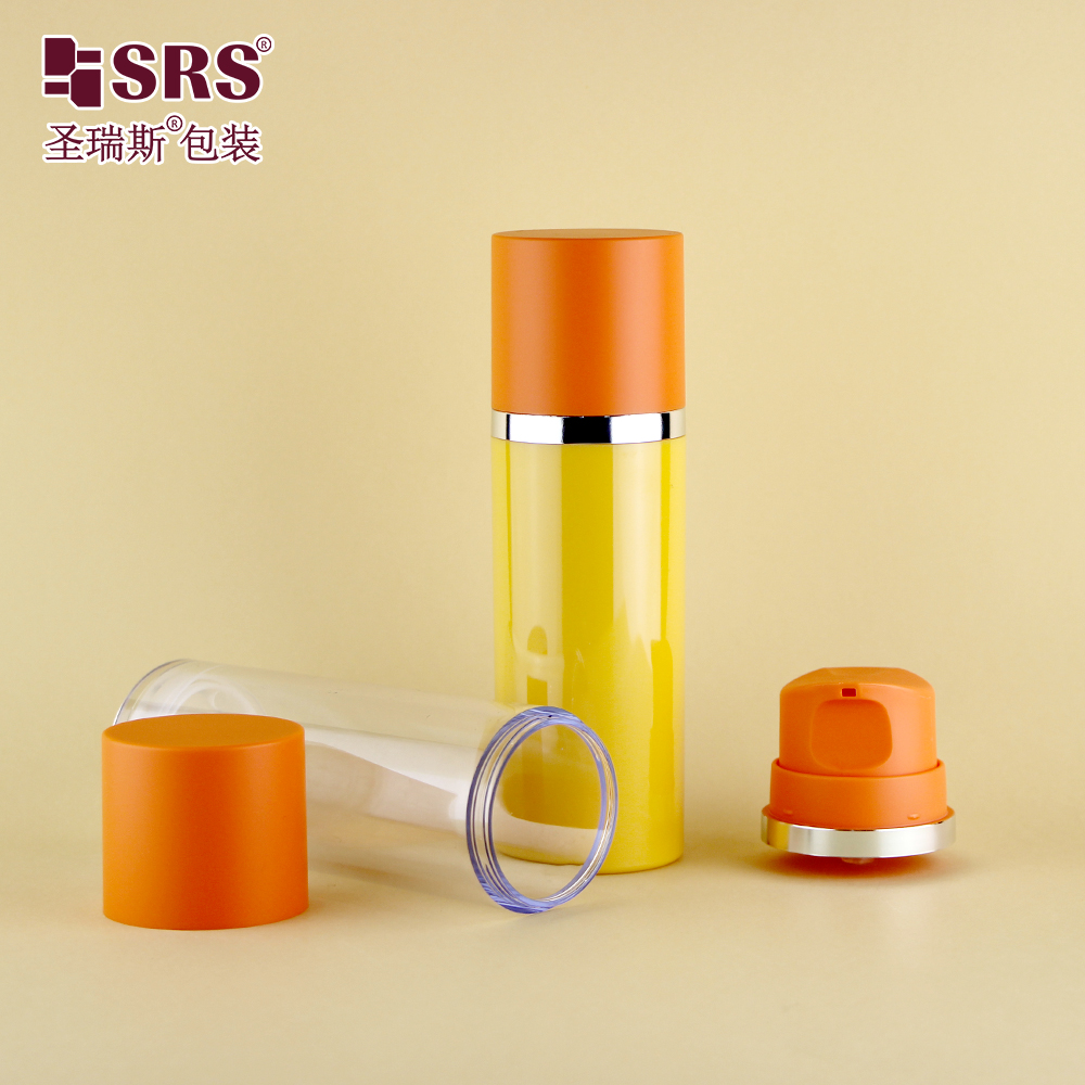 50ml 120ml 180ml Empty Plastic Bottle with Airless Pump Yellow Bottle with Orange Collar For Cosmetic Packaging