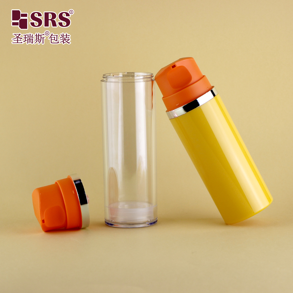 50ml 120ml 180ml Empty Plastic Bottle with Airless Pump Yellow Bottle with Orange Collar For Cosmetic Packaging