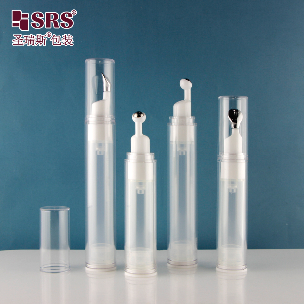 Transparent AS plastic 10ml eye cream bottle 15ml airless pump roller applicator empty packaging