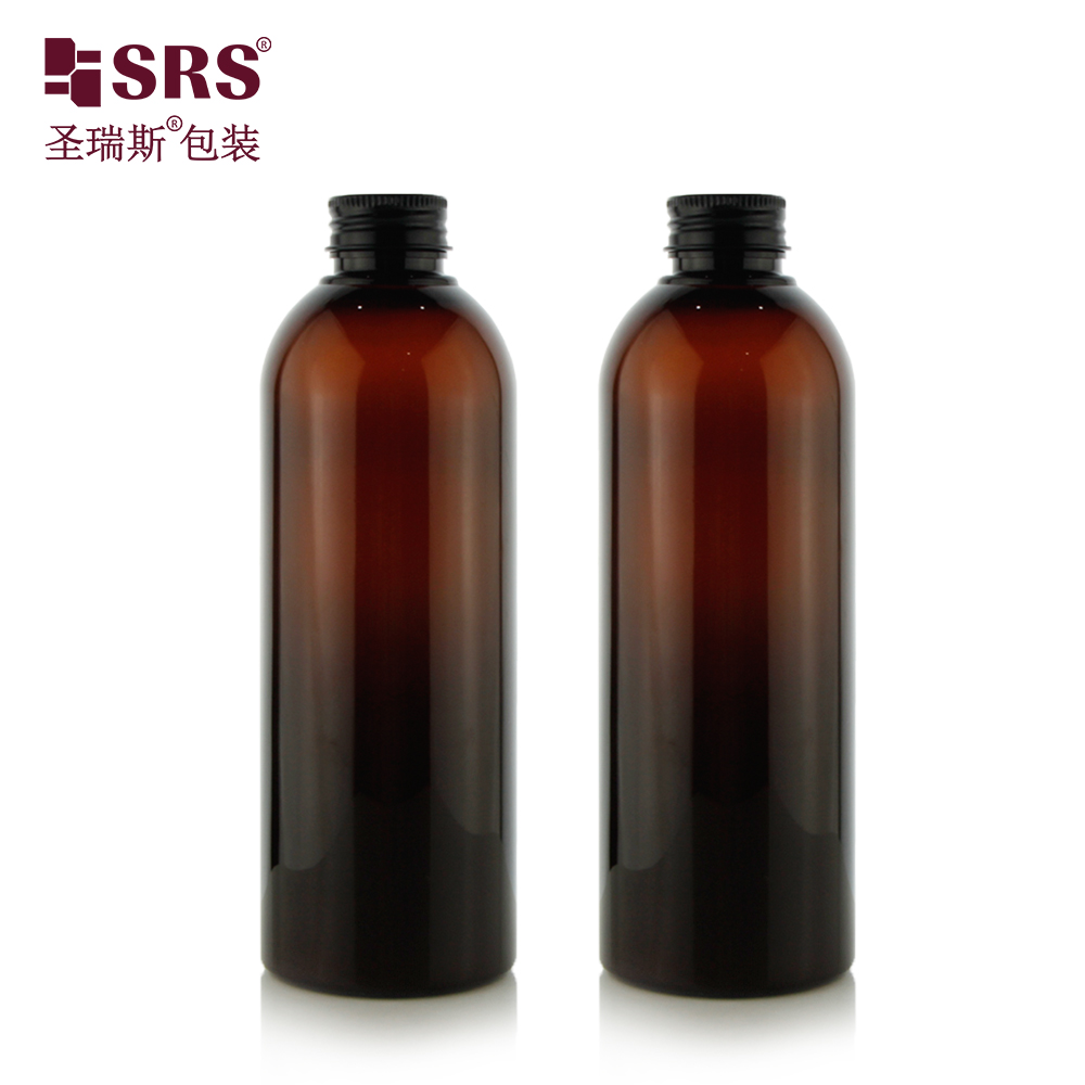 Round Shape Empty 400 ml PET Bottles Amber Color Round Shoulder Cosmetic Packaging