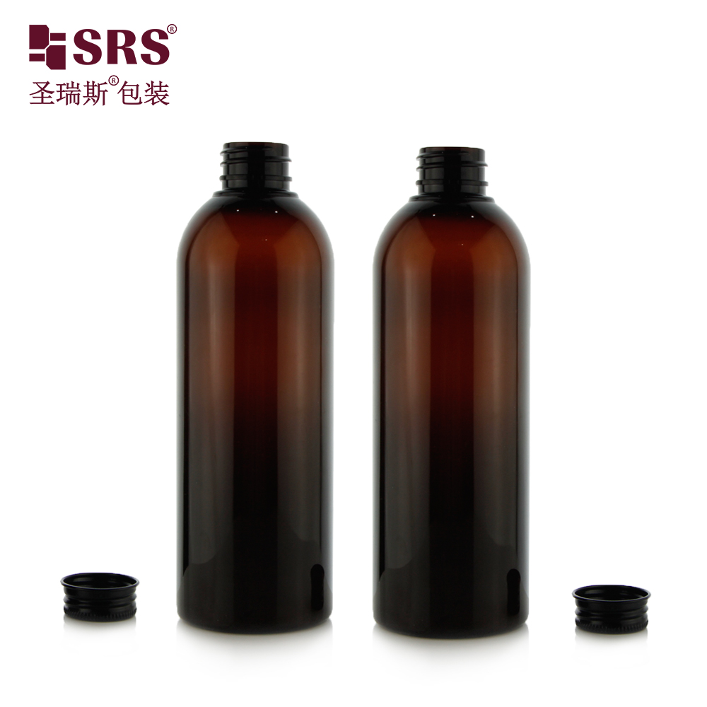 Round Shape Empty 400 ml PET Bottles Amber Color Round Shoulder Cosmetic Packaging