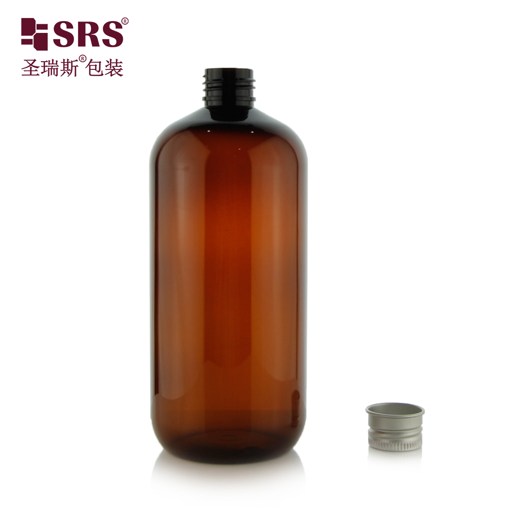 Plastic High Quality Round 500ml Plastic Amber PET Boston Bottle Screw Aluminum cap