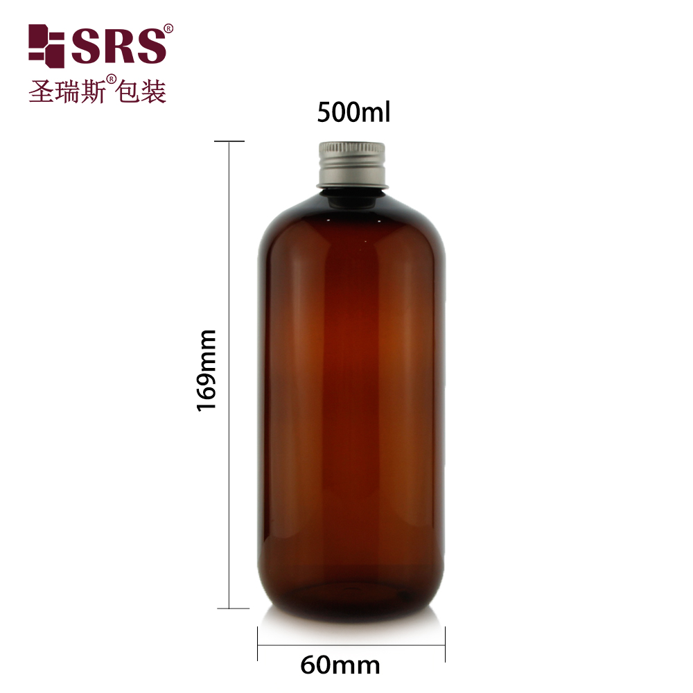 Plastic High Quality Round 500ml Plastic Amber PET Boston Bottle Screw Aluminum cap