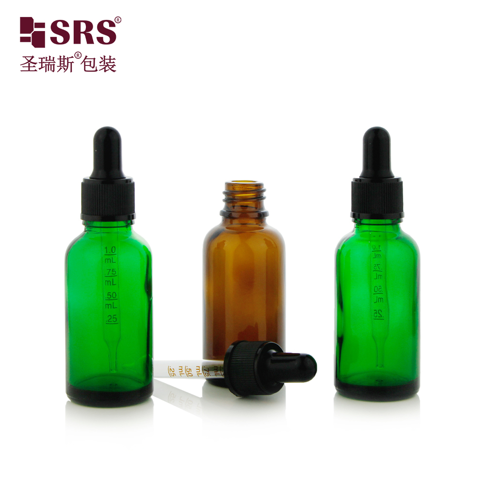 SRS Lace Ribbed General Cap Seven Capacity Clear Amber Blue Green Color Essential Oil Glass Dropper Bottle