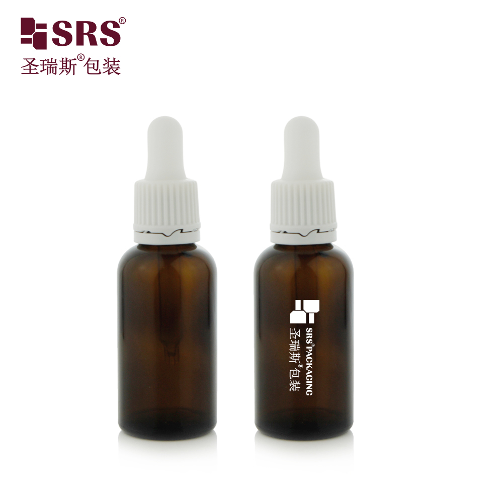 Wholesale Customized Amber Glass Bottle with Dropper Tamper Evident Cap Dropper With White Rib Side Collar