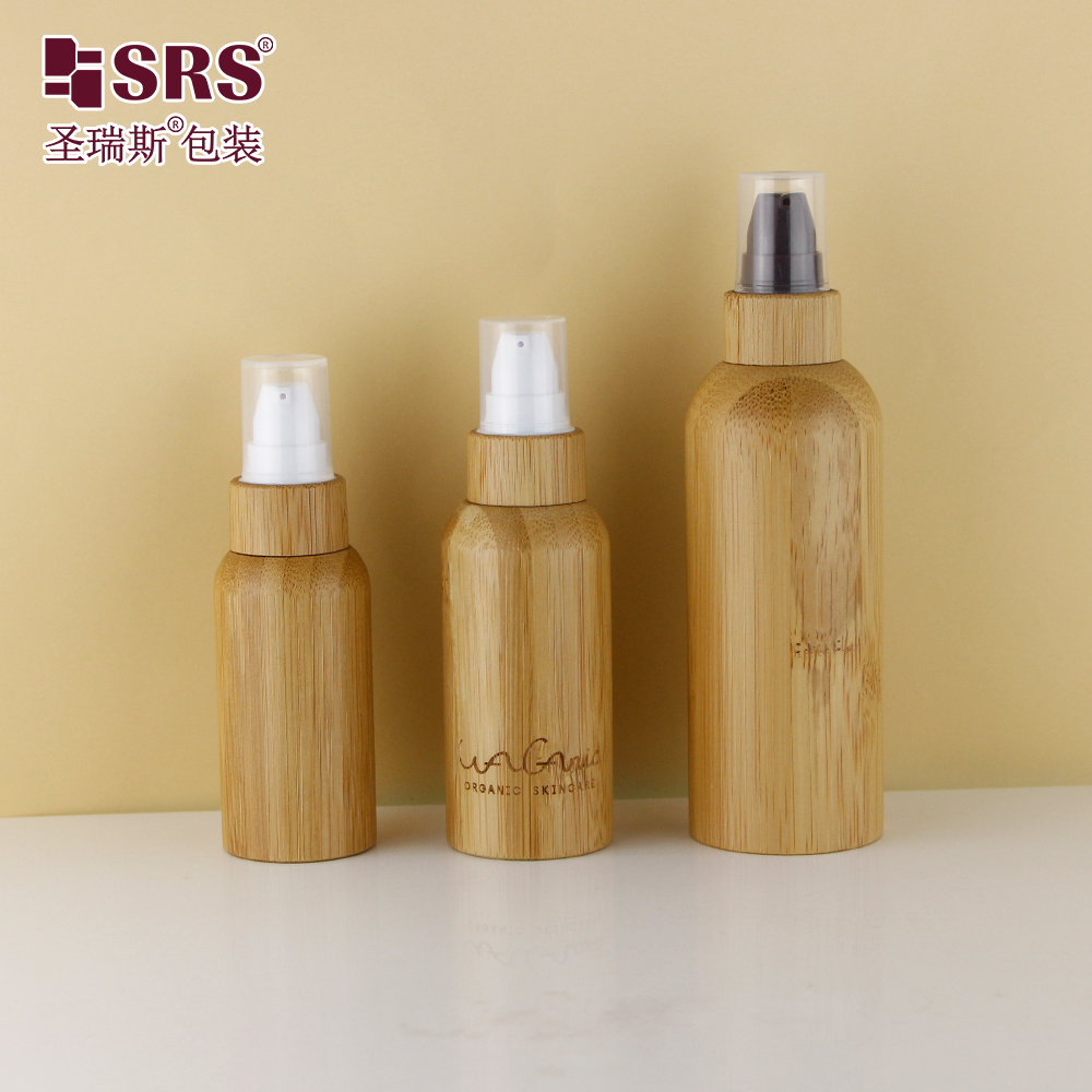 Round Shape Customization Logo Available Pump Facial Serum Cosmetic Bamboo Lotion Bottle