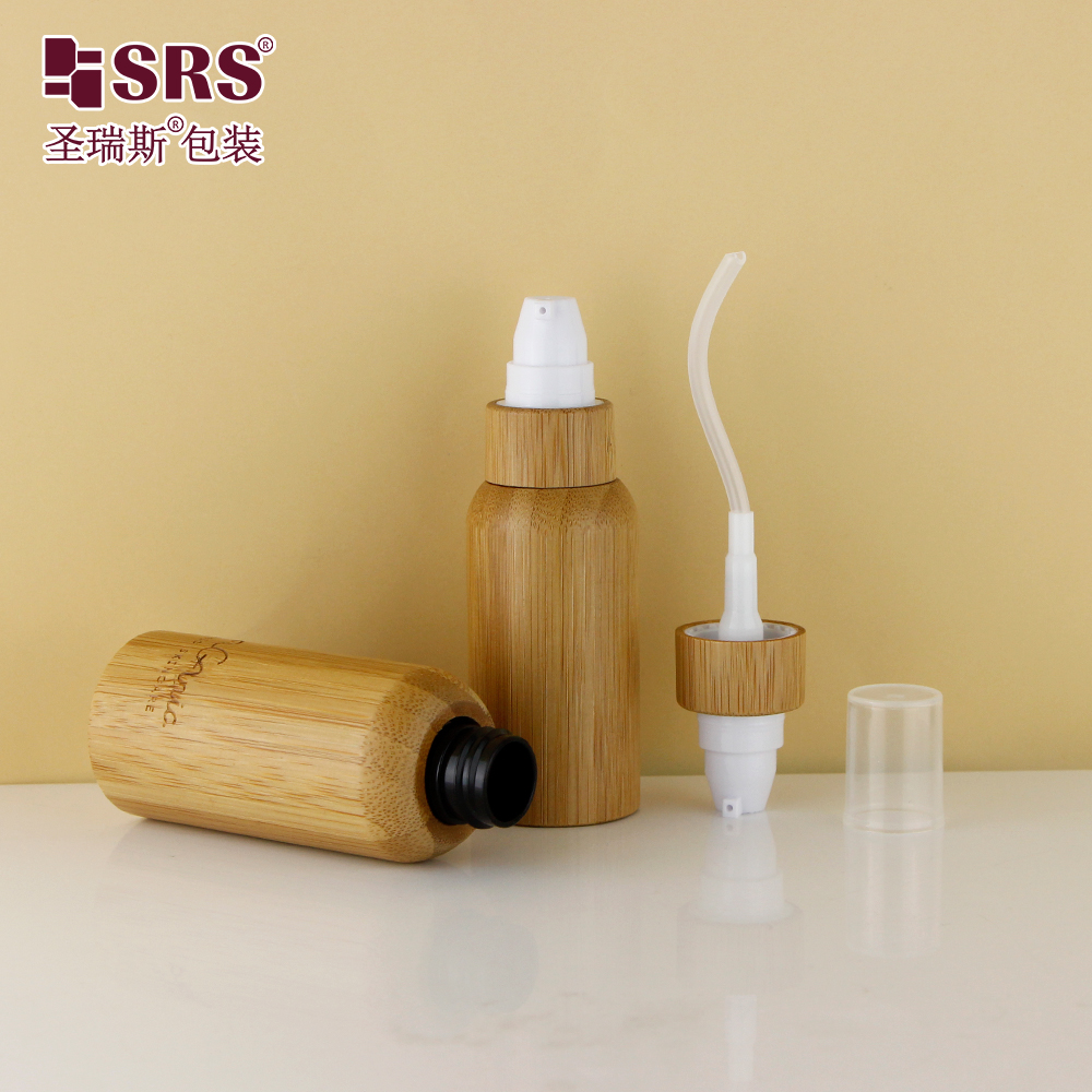 Round Shape Customization Logo Available Pump Facial Serum Cosmetic Bamboo Lotion Bottle