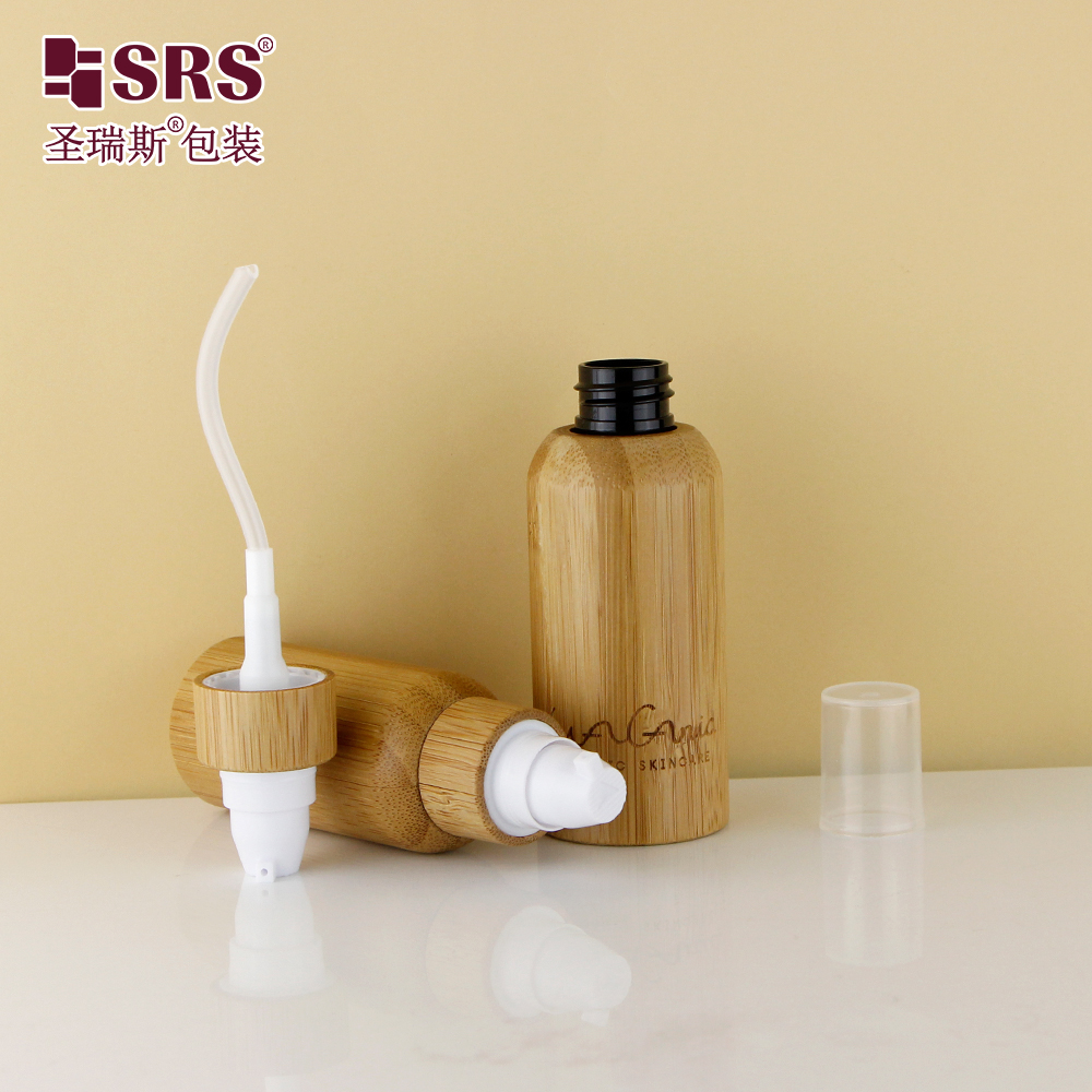 Round Shape Customization Logo Available Pump Facial Serum Cosmetic Bamboo Lotion Bottle