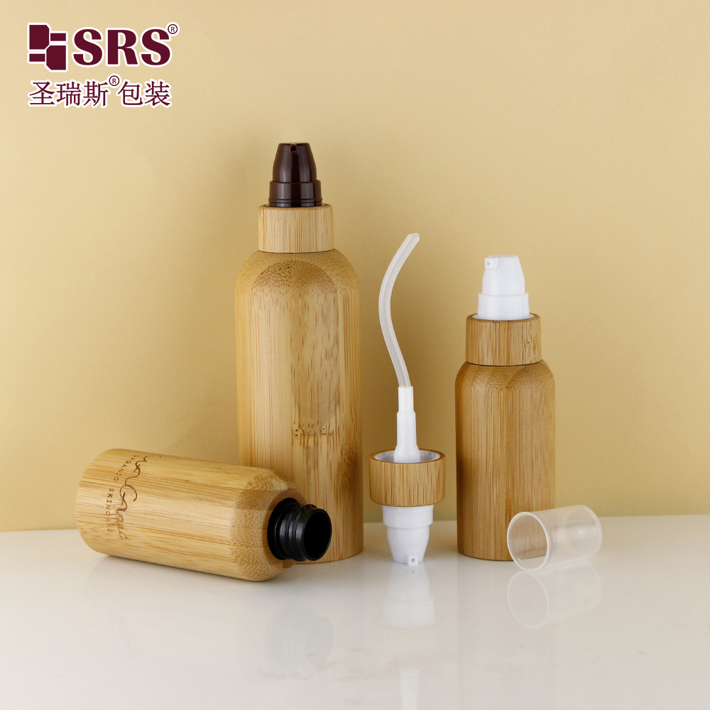 Round Shape Customization Logo Available Pump Facial Serum Cosmetic Bamboo Lotion Bottle