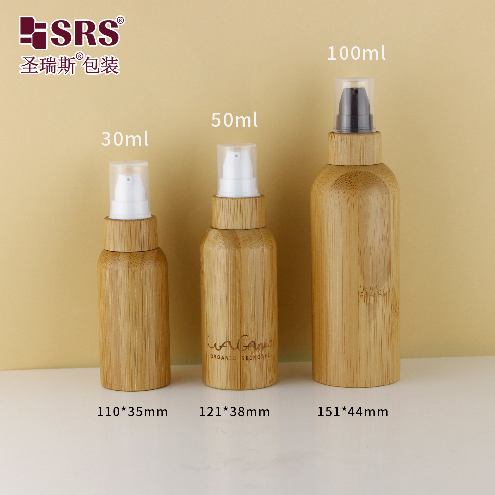 Round Shape Customization Logo Available Pump Facial Serum Cosmetic Bamboo Lotion Bottle