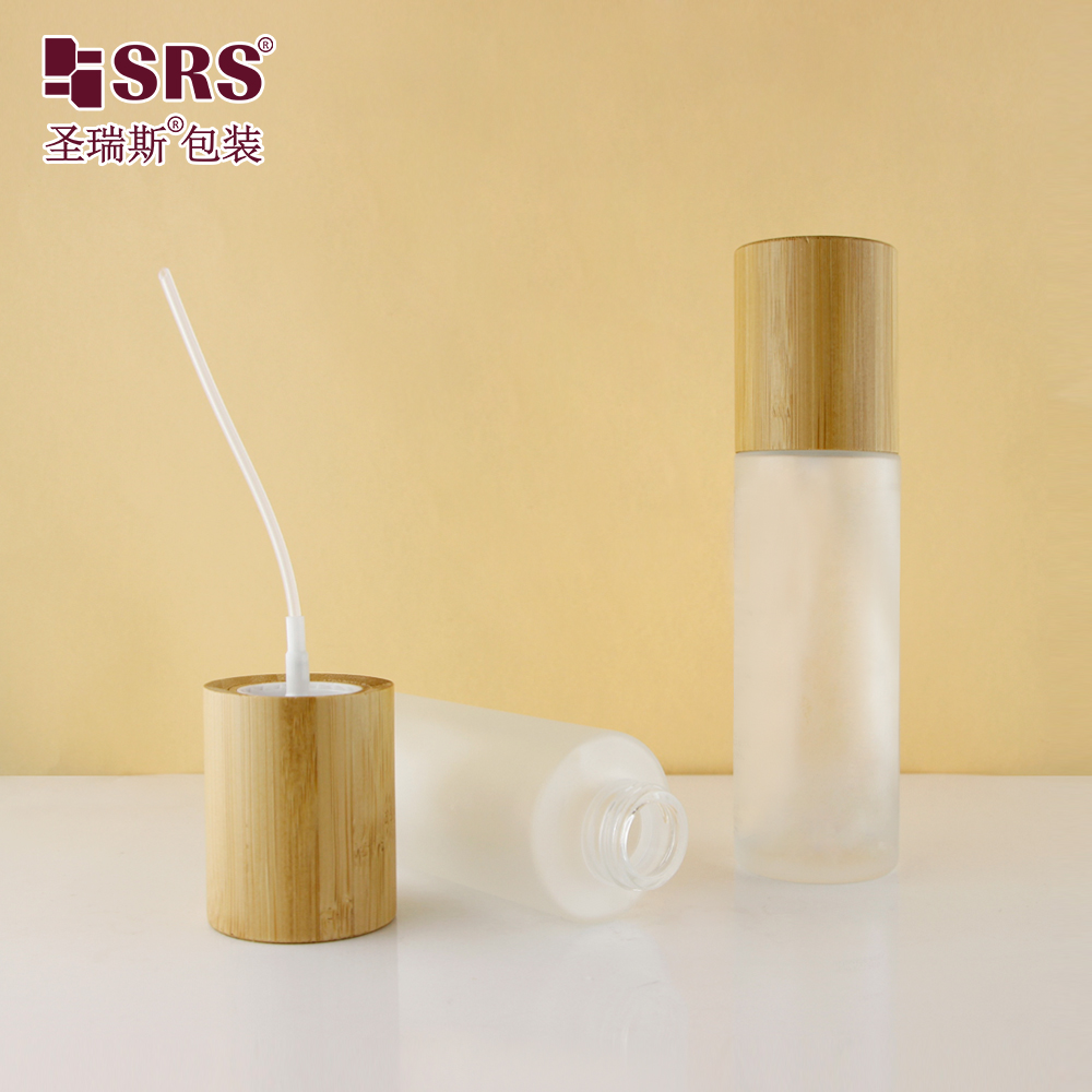 Empty Glass Bottle Perfume Spray Bottle With Bamboo Pump Lid 100ml Skin Care Packaging