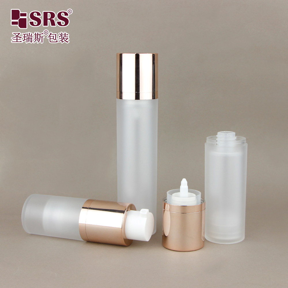SRS Factory Price Empty 15ml 30ml 50ml Custom Injection Painting Metalized Color Airless Lotion Bottle