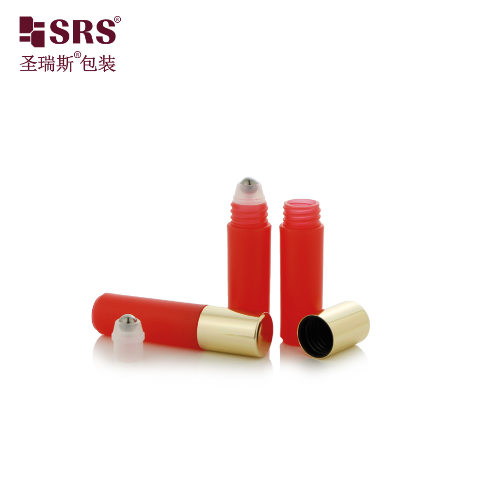 Eco-friendly PP Plastic Mini Round Empty Bright Perfume Sample Packaging Bottle with Steel Roller Ball Rose Gold Cap